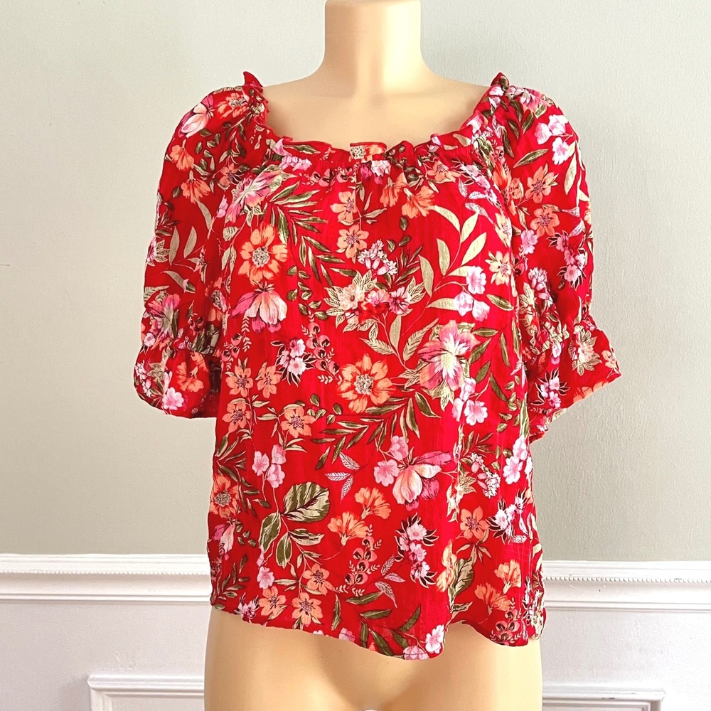 Status by Chenault Floral Blouse Womens L Ruffle Puff Sleeve Red Boho Summer